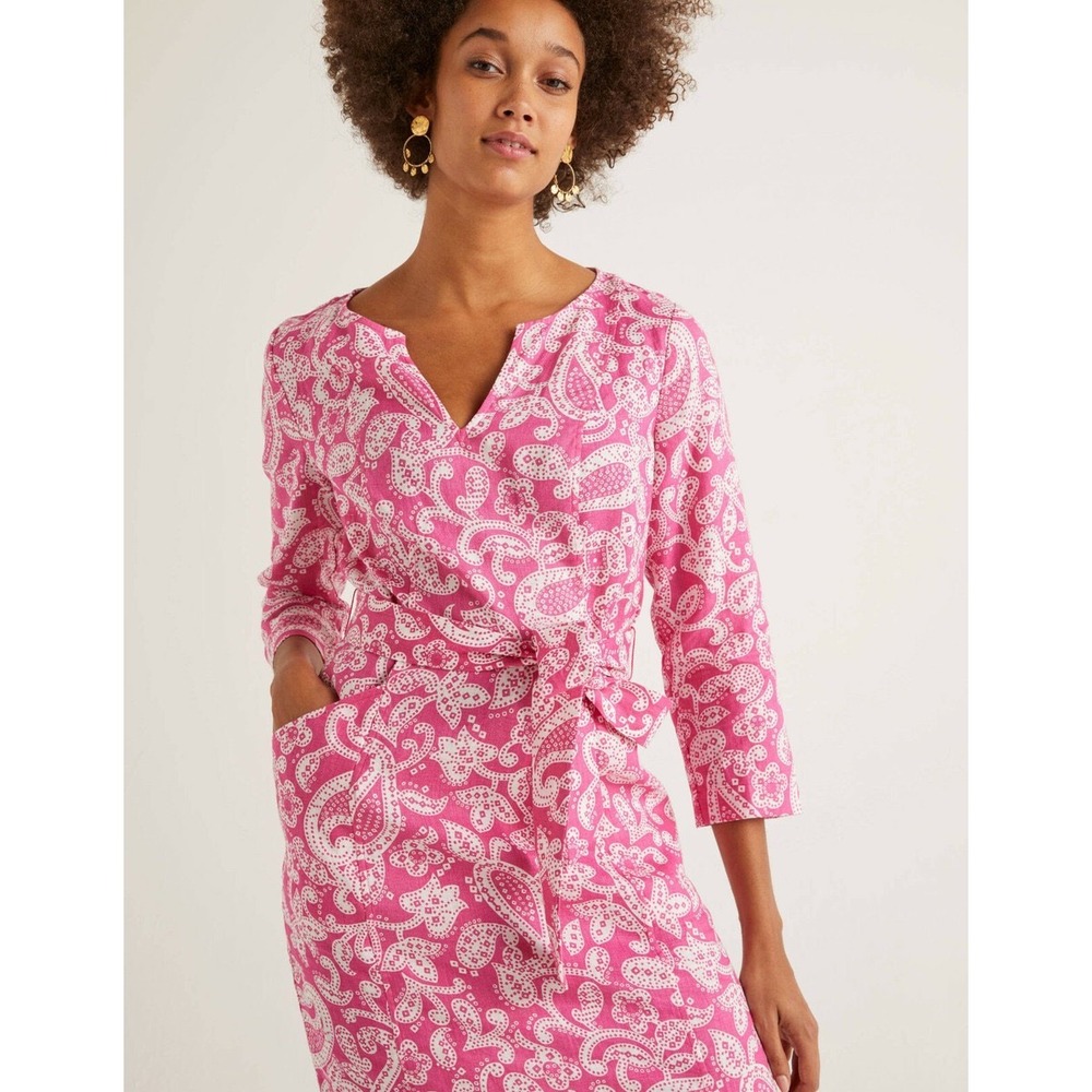 Boden Kelsie Pink Linen Paisley Wrap Dress Size 4P Petite Boho Barbie